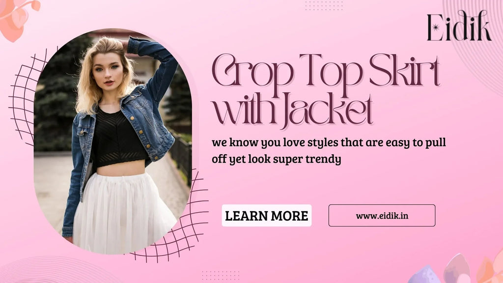 Young woman wearing a black crop top, white skirt, and denim jacket – stylish crop top skirt with jacket outfit idea from Eidik