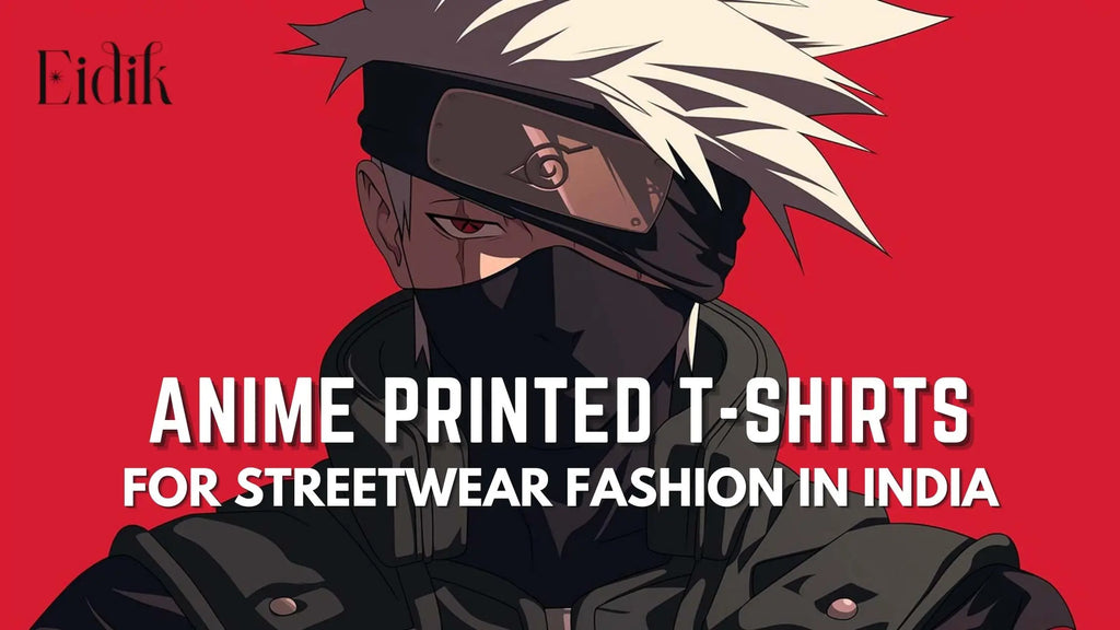Illustration of Kakashi Hatake from Naruto on a bold red background, promoting anime printed t-shirts for streetwear fashion in India by Eidik