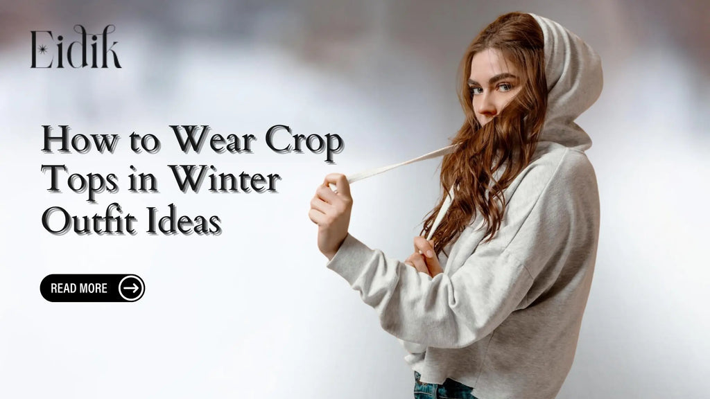 Young woman wearing a grey cropped hoodie in winter, styled with soft curls, showcasing how to wear crop tops in cold weather – Eidik fashion banner.