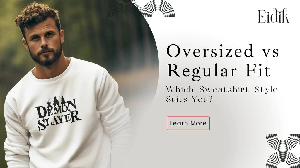 Stylish man wearing a white Demon Slayer sweatshirt - Oversized vs Regular Fit fashion guide by Eidik