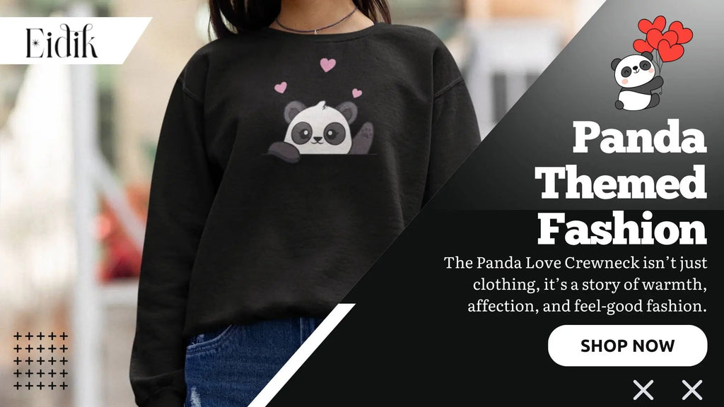 Woman wearing a black panda-themed fleece crewneck sweatshirt with pink heart graphics, showcasing Eidik's Panda Love collection – stylish and cute winter fashion for 2025.