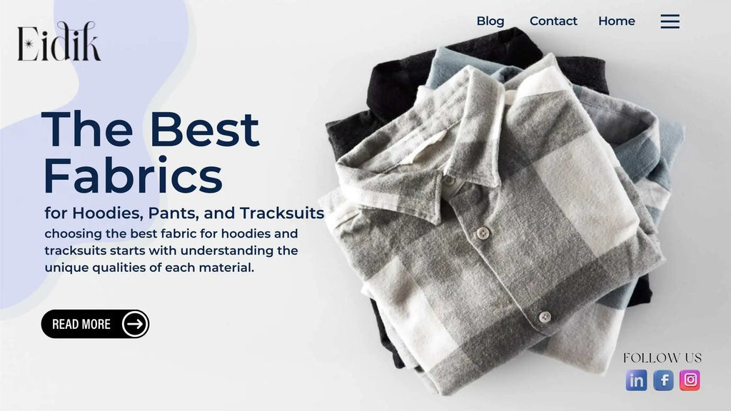Folded hoodies and shirts made from different fabrics stacked on a table, representing the best fabric choices for hoodies, pants, and tracksuits on Eidik.in