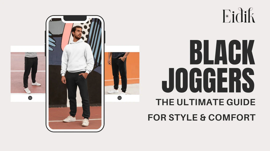 Man wearing black joggers and a white hoodie standing confidently, showcasing casual street style — promotional image for Eidik’s guide on styling black joggers for comfort and versatility.