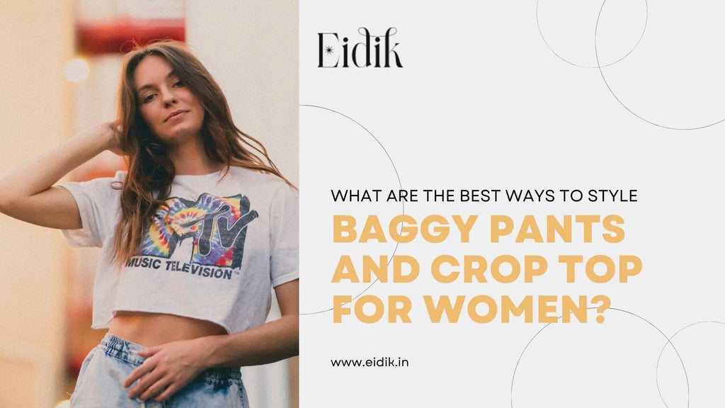 Young woman wearing a graphic crop top and baggy pants, showcasing a trendy casual outfit for women style inspiration for baggy pants and crop top fashion.