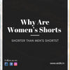 Visual comparison of women's and men's shorts with the question 'Why Are Women’s Shorts Shorter Than Men’s Shorts?' featuring a stylish woman in white high-waisted shorts and a man in patterned knee-length shorts, from Eidik.