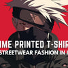 Illustration of Kakashi Hatake from Naruto on a bold red background, promoting anime printed t-shirts for streetwear fashion in India by Eidik