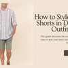 Man wearing a striped casual shirt and olive green shorts showcasing a stylish men’s summer outfit with text overlay “How to Style Men's Shorts in Different Outfit Ways?” for Eidik fashion blog.
