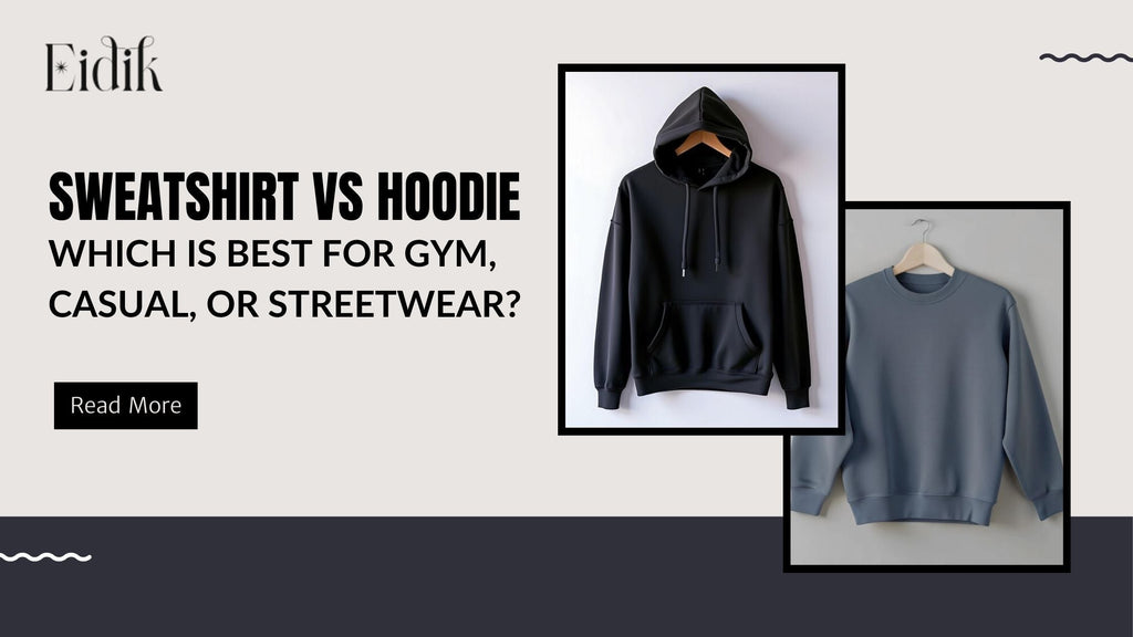 Comparison of black hoodie and blue sweatshirt on hangers – explore the best choice for gym, casual, or streetwear fashion by Eidik