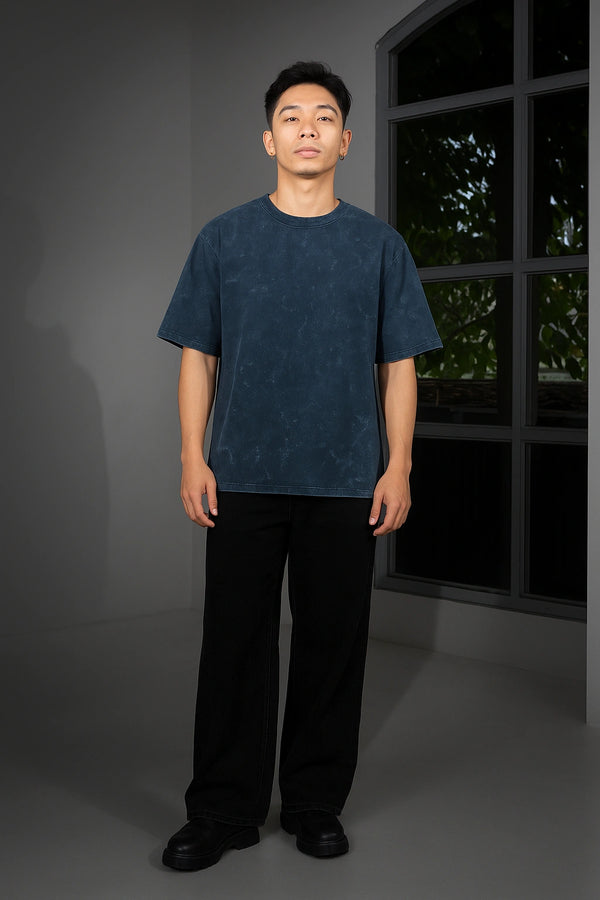 Navy Blue Acid Washed Oversized Tee